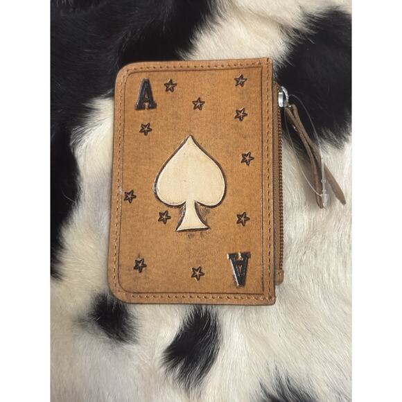 Southwestern Hand Tooled Painted Hide Leather Coin Pill Purse Ace Spades Cards - Picture 1 of 5